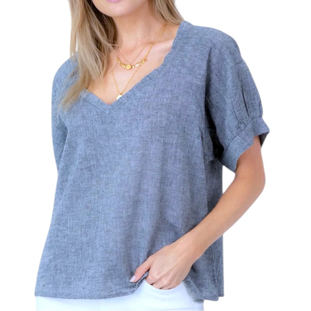 dylan Leah Cotton Linen Chambray V Neck Short Sleeve Top Small